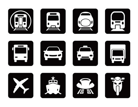 various transportation icon set, including cars, trains, subway, monorail, linear motor car, airplane, ship, motorcycle