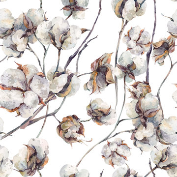 Watercolor  seamless pattern with twigs and cotton flowers. 