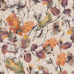 Watercolor  seamless pattern with oak leaves and acorns