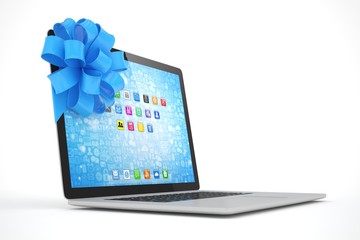 Laptop with blue bow and icons. 3D rendering.