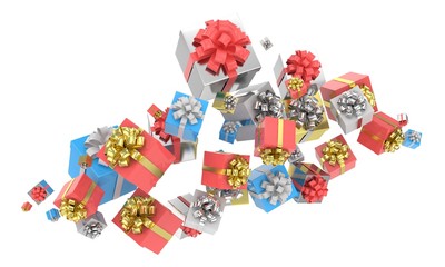 flying gift boxes on white. 3d rendering.