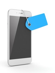 White smart phone with blue price tag on white background. Identification, price, label. 3D rendering.