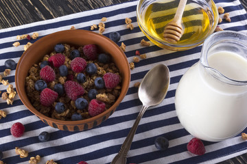 Muesli with fresh berries, honey and milk.