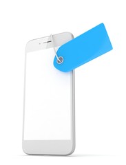 White smart phone with blue price tag on white background. Identification, price, label. 3D rendering.