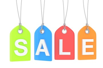 Colorful isolated sale labels on white background. Price tags. Special offer and promotion. Store discount. Shopping time. 3D rendering.