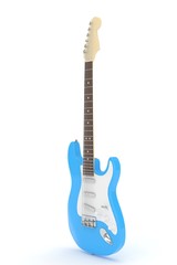 Isolated blue electric guitar on white background.  Musical instrument for rock, blues, metal songs. 3D rendering.
