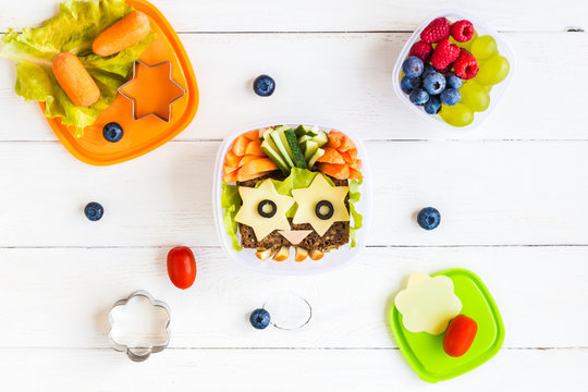 School lunch box for kids. Top view, flat lay