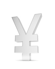 Isolated silver yen yuan sign on white background. Chinese japanese currency. Concept of investment, asian market, savings. Power, luxury and wealth. 3D rendering.
