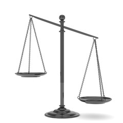 Isolated black scales on white background. Symbol of judgement. Law, measurement, liberty in one concept. 3D rendering.