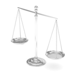 Isolated white silver scales on white background. Symbol of judgement. Law, measurement, liberty in one concept. 3D rendering.