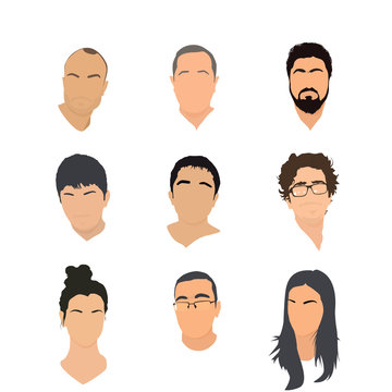 Bundle of male and female characters or avatars and with different hairstyles isolated on white background. Set of men and women. Vector illustration in flat style