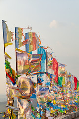 Prayer flags and Hadak at sunset in the Republic of Buryatia. Datsan Rinpoche Bagsha on Bald Mountain in Ulan-Ude, Russia.