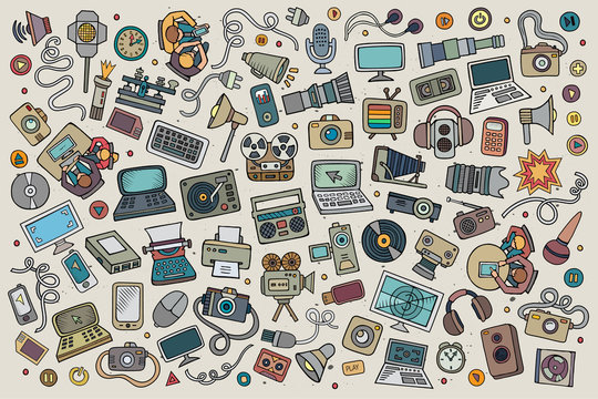 Color Vector Hand Drawn Doodle Set Equipment And Devices Objects