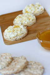 offering gluten-free breakfast- rice waffles with white cheese and honey