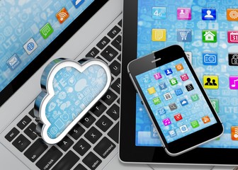 laptop, tablet pc, smart phone and cloud. 3d rendering.