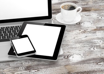 Laptop, phone, tablet pc and coffee. 3d rendering.