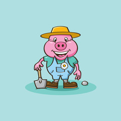 Illustration of happy pig gardener mascot.