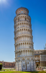 Leaning Tower of Pisa in Italy close-up. Horizontal frame.