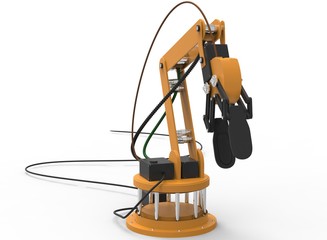 3d illustration of robotic arm. white background isolated. rube and steel. icon for game web. mechanism robot. bomb disarmament and disposal. automotive assembly lines 