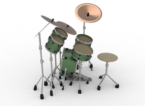 3d illustration of drum set. white background isolated. icon for game web. kit for drummers.  percussion instruments. trap set. 