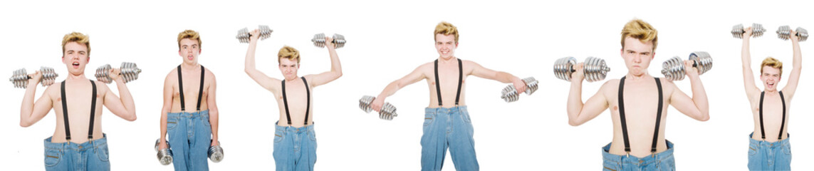 Collage of funny man with dumbbells on white