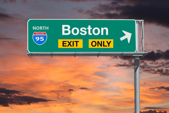 Boston Exit Only Highway Sign With Sunrise Sky