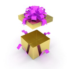 open gift box with bows isolated on white. 3d rendering.