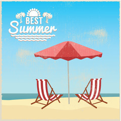 Summer beach in flat design, sea side and beach items, vintage design vector illustration