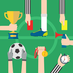 Football, soccer items with hands and foot, football field background
