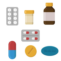 Pills capsules icons vector flat set. Medical vitamin pharmacy vector illustration.