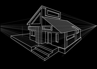 Linear architectural sketch detached house on black background