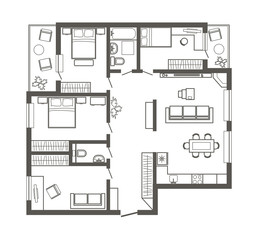linear architectural sketch plan of four bedroom apartment