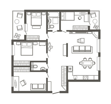 linear architectural sketch plan of four bedroom apartment