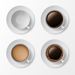 Vector Set of Coffee Cup Mug with Crema Foam Bubbles Top View Isolated On White Background