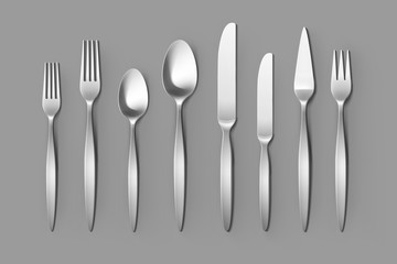 Vector Cutlery Set of Silver Forks Spoons and Knifes Top View Isolated on Background. Table Setting