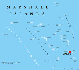 Marshall Islands political map with capital Majuro. Republic and island country near the equator in the Pacific Ocean in Micronesia. English labeling. Illustration.
