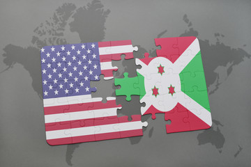 Fototapeta na wymiar puzzle with the national flag of united states of america and burundi on a world map background.