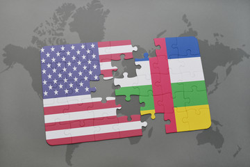 puzzle with the national flag of united states of america and central african republic on a world map background.