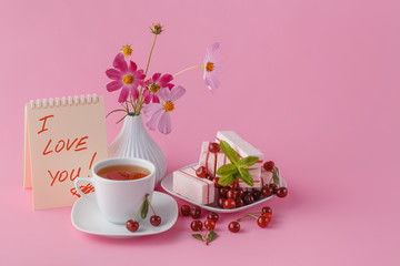 romantic breakfast for his girlfriend with cherry fruit candy