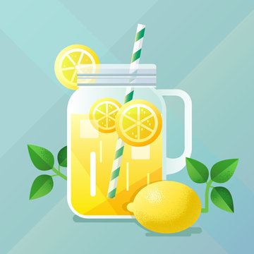 Lemonade illustration with lemon and ice, flat design