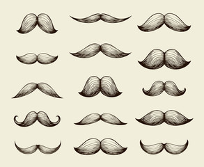 Hand drawn collection of mustache. Vector illustration