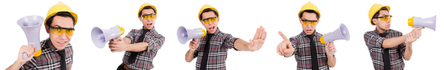 Young construction worker with loudspeaker isolated on white