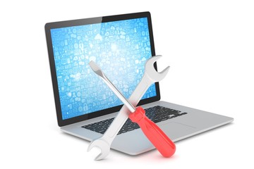 3D Illustration Wrench and screwdriver on laptop, service concept