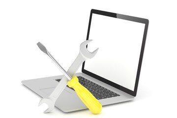 3D Illustration Wrench and screwdriver on laptop, service concept