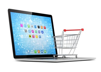 Shopping cart on laptop. 3d rendering.
