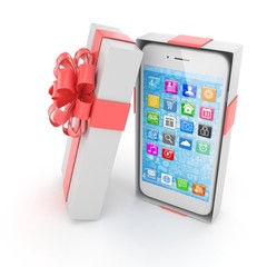 Smartphone in gift box. Isolated on white background. 3d rendering.