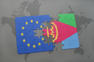puzzle with the national flag of european union and eritrea on a world map background.