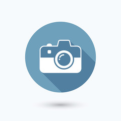 Camera flat icon with long shadow. Isolated on white background. Vector illustration, eps 10.