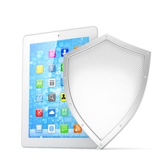 Tablet PC and shield on white device security concept. 3d rendering.