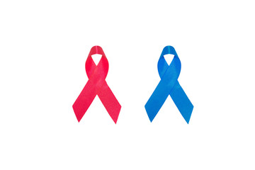 red ribbon and blue ribbon on white background